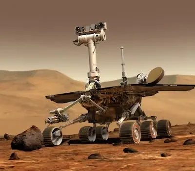 Mars exploration rover conducting research on Martian surface, showcasing technology and science.