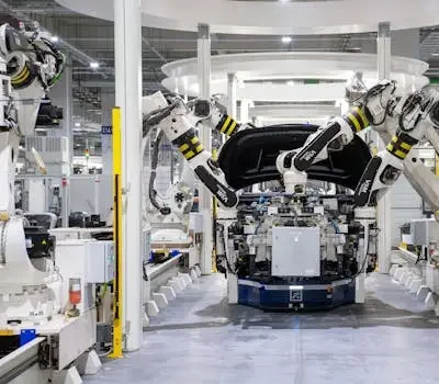 High-tech robots assembling a car in a modern factory setting, showcasing automation.