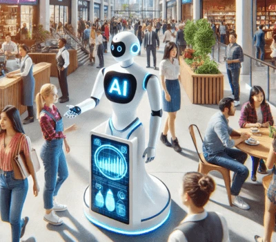 AI-powered robot interacting with people in a modern urban public space.