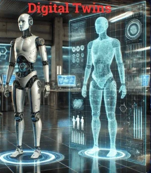 AI-generated image of a humanoid robot and its holographic digital twin in a futuristic lab.