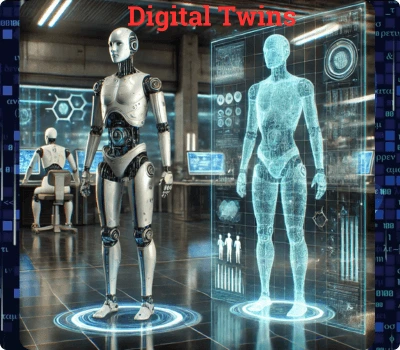 AI-generated image of a humanoid robot and its holographic digital twin in a futuristic lab