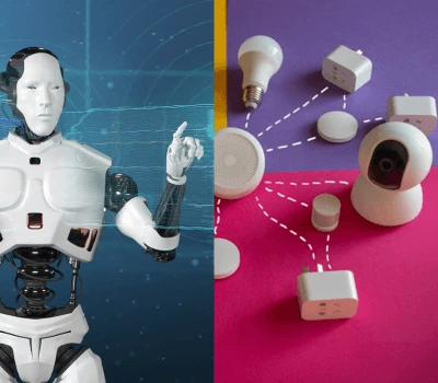 A robot on the left with various IoT-connected devices on the right, showcasing the interconnectedness of technology in automation and data sharing.