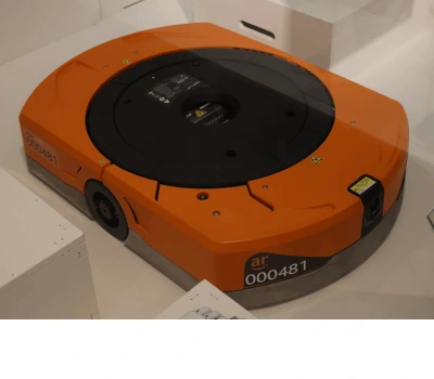 Orange Kiva robot used in Amazon warehouses for automation