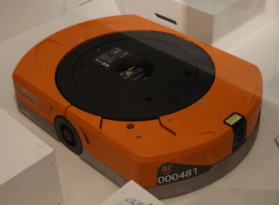 Orange Kiva robot used in Amazon warehouses for automation