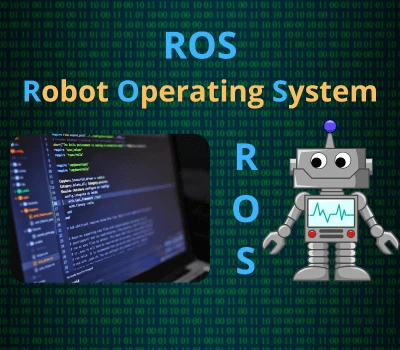 Robot model with ROS programming code displayed on the screen