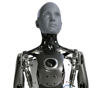 the Ameca humanoid robot showcasing its lifelike facial features and advanced design by Engineered Arts.