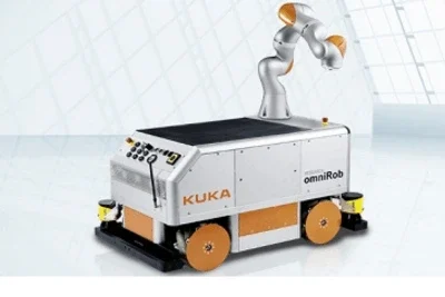 A KUKA mobile manipulator robot with an orange robotic arm on a mobile platform